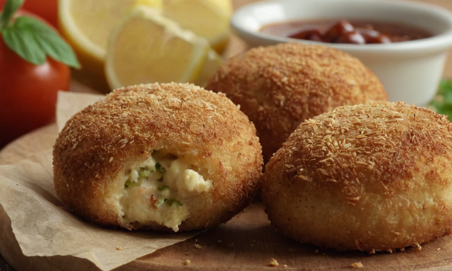 3 deliciosas croquetas rellenas y crujientes sobre una superficie clara