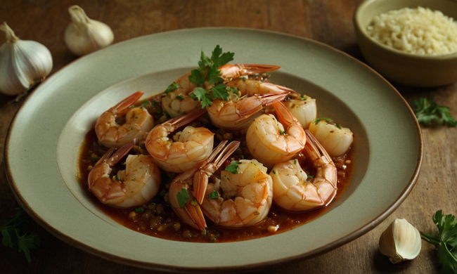 Closer view of Gambas al Ajillo dish with garlic cloves