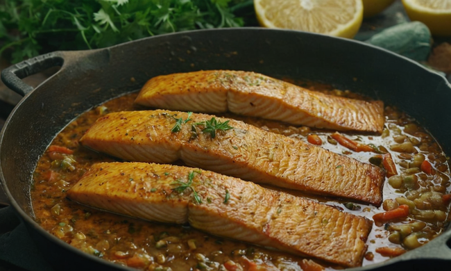 Pescado al ajillo sizzling en una sartén de hierro