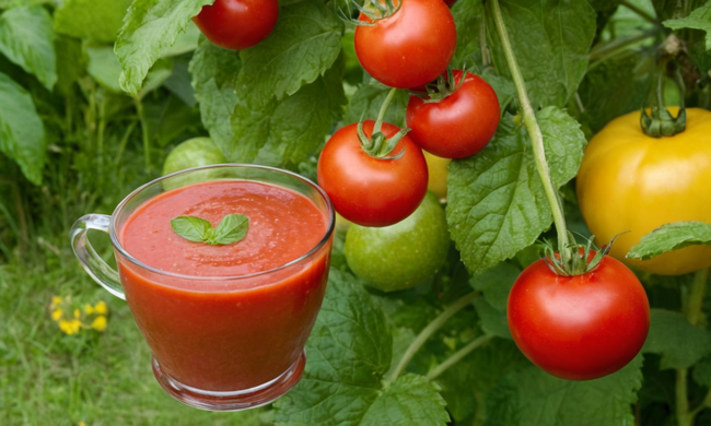 Taza de gazpacho fresco y colorido en un jardín soleado