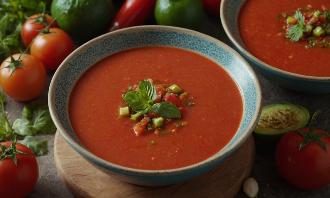 Un tazón de gazpacho fresco y colorido