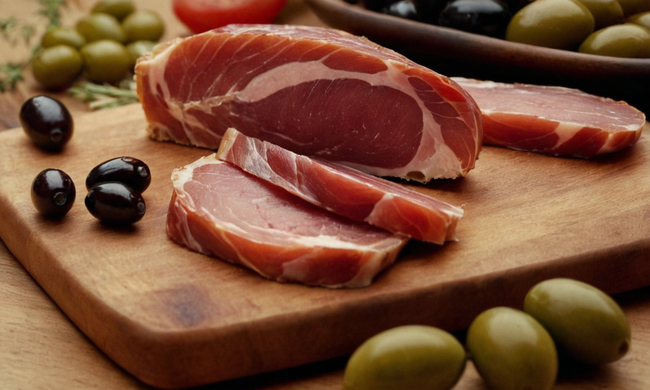 Slice of Jamón Ibérico on wooden board with olives