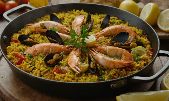 Un delicioso plato de Paella, saboroso y apetitoso