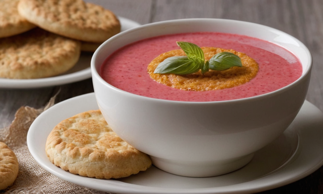 un delicioso plato de Salmorejo con una saborosa galleta