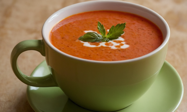 Un delicioso salmorejo en una taza, con condimentos