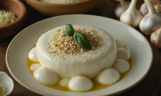 Una escena culinaria con ajo, probablemente con platos e ingredientes relacionados con Ajo Blanco.