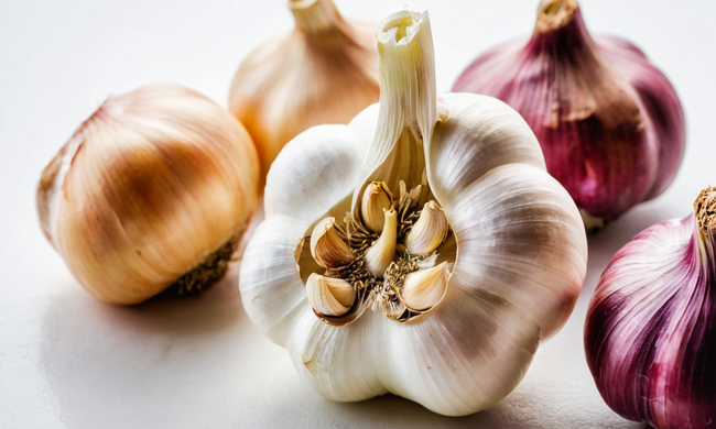 Una bombilla de ajo rodeada de beneficios de salud e ideas de recetas en un fondo blanco.
