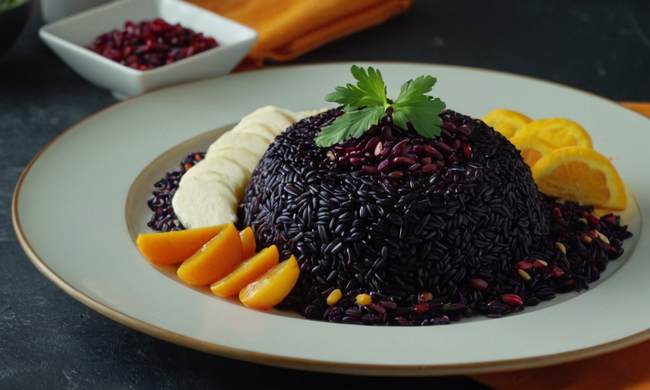 Un delicioso plato de arroz negro que se presenta en un plato, adornado con ingredientes sabrosos y aromas que despiertan.