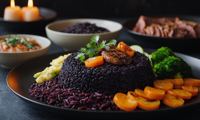 Un plato de arroz negro servido con diversas carnes y verduras.