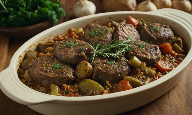 Un abundante plato de cacerola lleno de tiernas especias de cordero y sabor.
