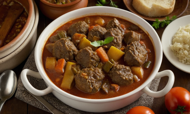 Un plato caliente de guiso tradicional de ovejas (caldereta) rodeado de utensilios y ingredientes de receta.