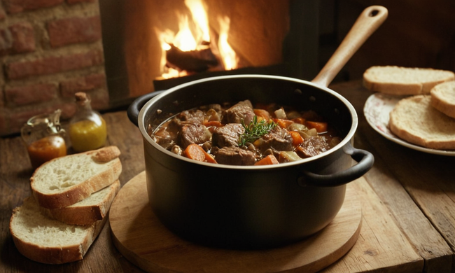 Cocina de cordero en una olla con cuchara de madera y fijación de mesa rústica.