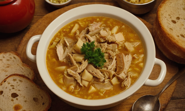 Una cordial porción de la tradicional sopa de tripa estilo madrileño con ingredientes mostrados en una mesa rústica.