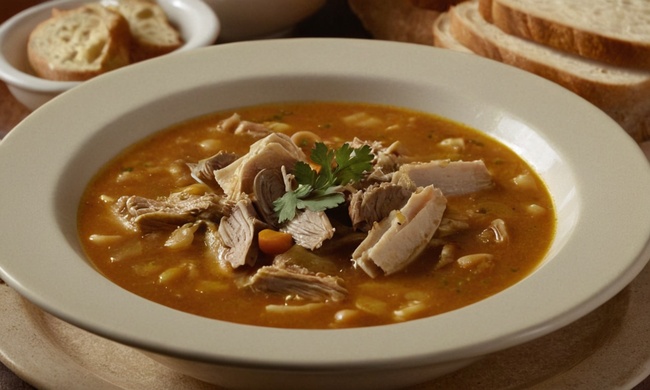 Un abundante cuenco de la sopa tradicional de tripa española, servido con pan crujiente y adornos.