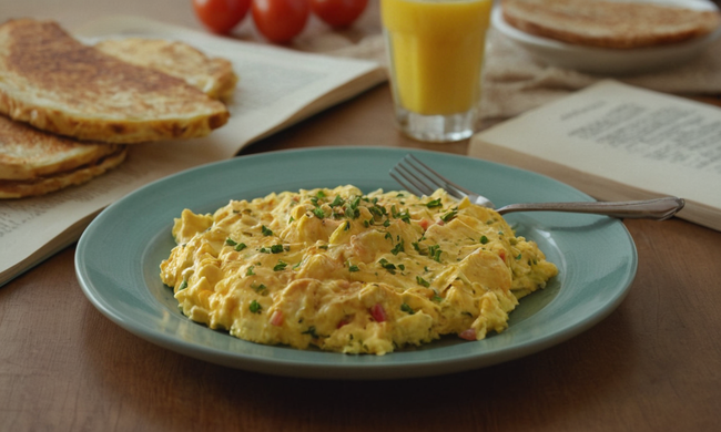 Un plato de huevos revueltos o tortilla en una mesa con un libro de cocina en el fondo.