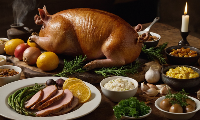 Una mesa se extendió con varios ingredientes para un perfecto plato de cerdo asado.