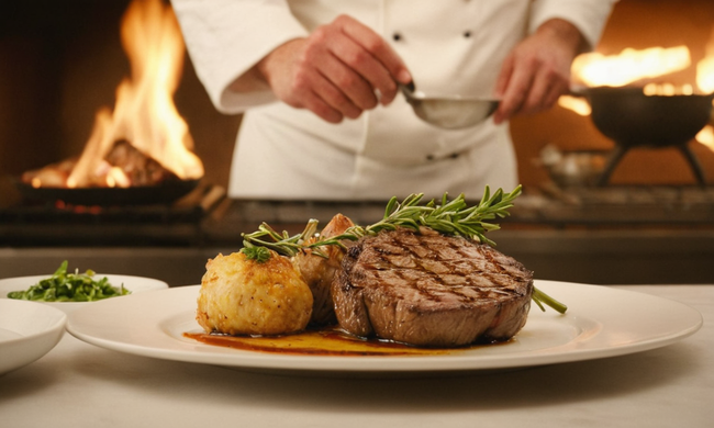 Un plato de cordero perfectamente a la parrilla en un plato con un chef en el fondo.