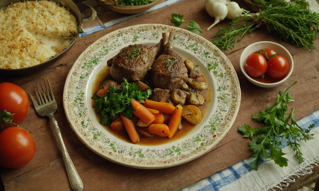 Un delicioso plato de cordero que se sirve con verduras y hierbas sobre un fondo de mantel rústico.