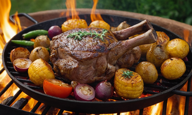 Un suculento cordero asado en una parrilla, rodeado de ingredientes y pasos de receta.