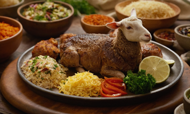 Un plato de cordero en un plato rodeado de varios ingredientes.
