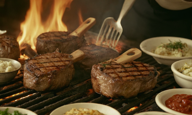 Un tierno cordero a la parrilla en una barbacoa, rodeado de utensilios y notas de receta.