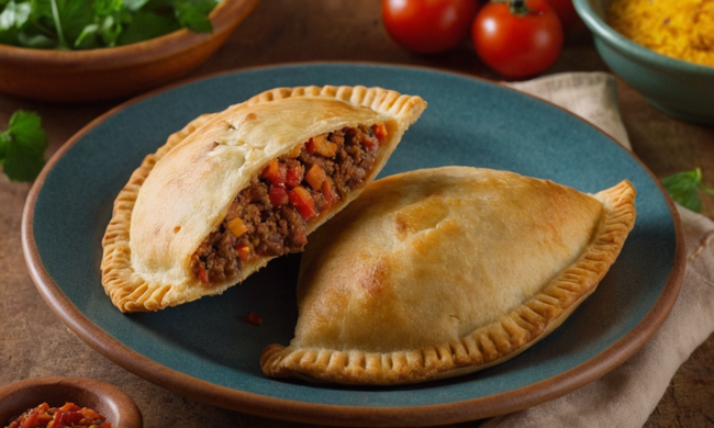 Una galega de empanada deliciosa en un plato, rodeada de ingredientes y utensilios de cocina.