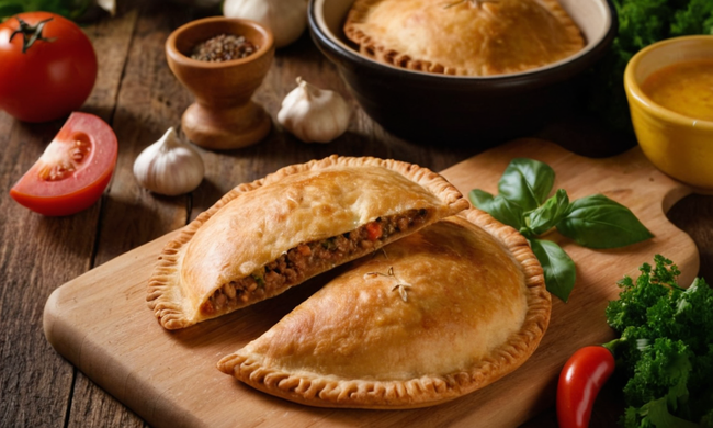 Una receta tradicional Empanada Gallega en una tabla de corte de madera rodeada de ingredientes.