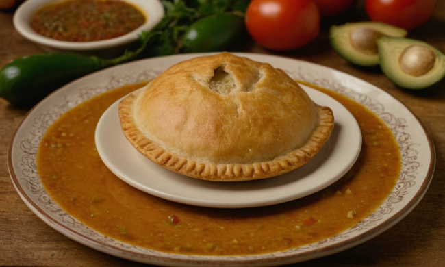 Una empanada caliente en un plato, rodeada de ingredientes tradicionales españoles y pasos de receta.