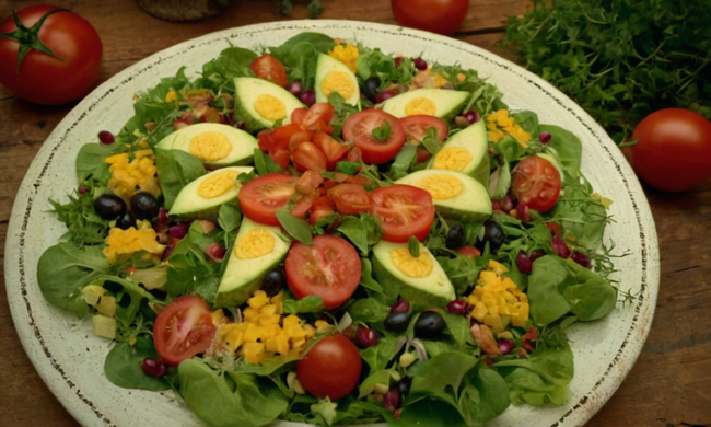 Un colorido plato de ensalada española en un plato rústico con vegetación y decoraciones de inspiración andaluza.