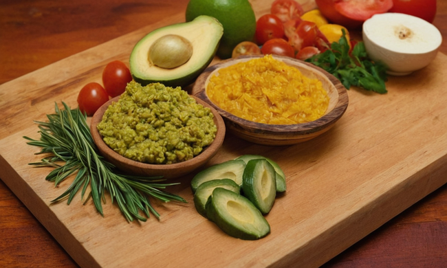 Una imagen vibrante con los ingredientes de Escalivada, dispuesta artísticamente en una tabla de madera.