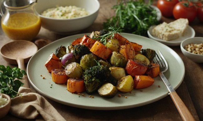 Un delicioso plato de verduras asadas en un plato, rodeado de ingredientes de receta y utensilios.