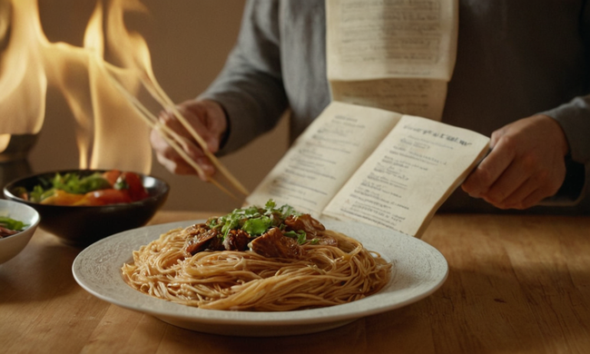 Una persona con un plato de fideuá, con un libro de recetas e ingredientes en el fondo.