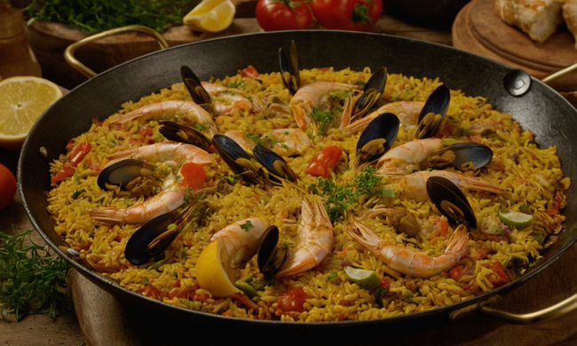 Una imagen colorida de fideuà (paella-como plato) con ingredientes y utensilios, rodeado de contexto histórico.