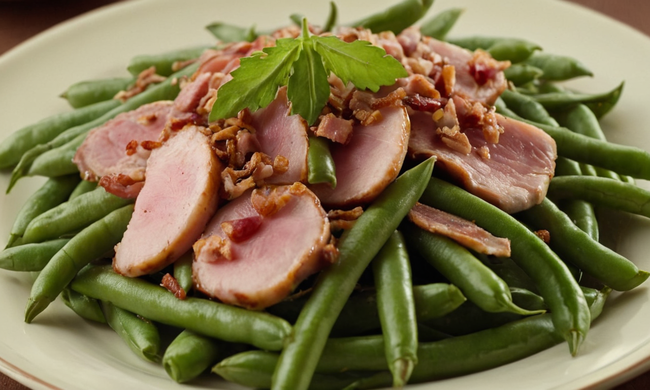 Un plato de deliciosos frijoles verdes con jamón y adornos.