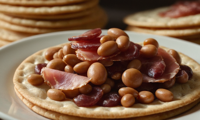 Un plato de frijoles deliciosos en galletas con jamón.