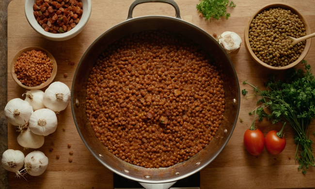 Imagen paso a paso de lentejas de cocina con chorizo, mostrando ingredientes y preparación.