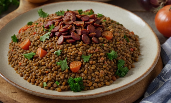 Un plato de lentejas con chorizo, cebolla y verduras, rodeado de instrucciones de receta en una tableta.
