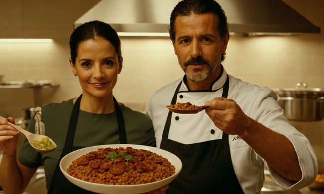 Un chef hispanohablante con un delicioso plato de lentejas y chorizo.