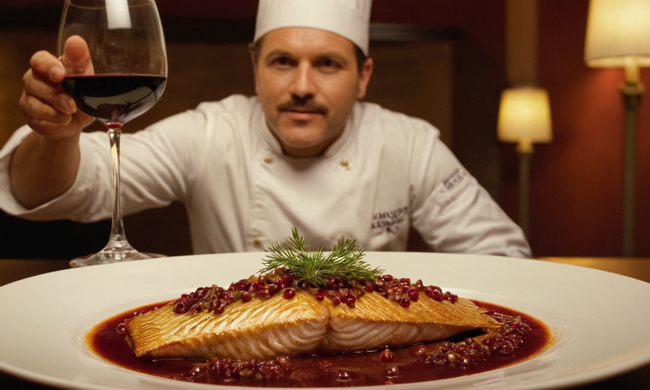 Un chef con un plato de merluza dorado con una salsa de vino tinto.