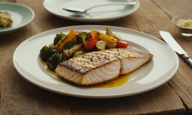 Un plato de pescado a la parrilla con verduras coloridas en una mesa rústica.
