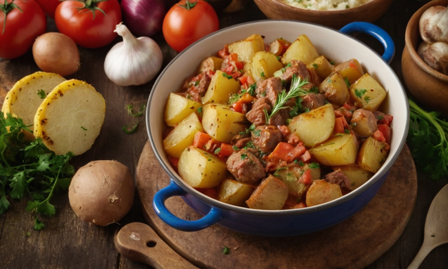 Un tazón de papas tradicionales españolas guisadas con verduras y carne, rodeado de ingredientes de receta y utensilios.