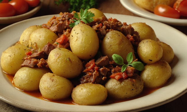 Un plato caliente de patatas tradicionales españolas a la riojana, servido con carne y verduras.