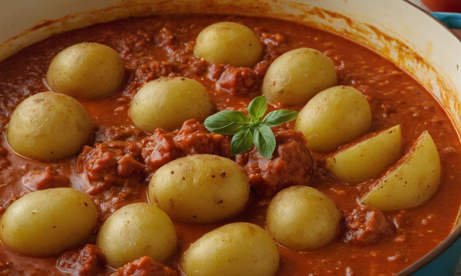 Una receta tradicional española para patatas cocidas en una salsa de tomate sabrosa.