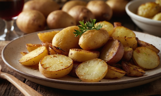 Un plato caliente de patatas tradicionales españolas a la Riojana con patatas crujientes e ingredientes que rodean.