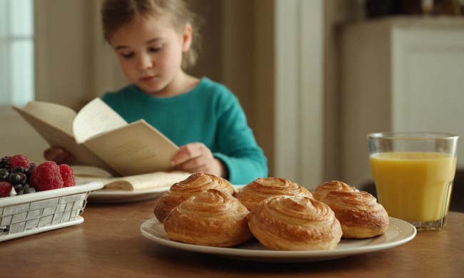 Un plato de pasteles recién horneados con un niño curioso en el fondo conteniendo un libro de recetas.