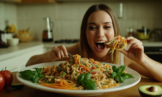 Un delicioso pestiño siendo devorado por una persona feliz, con ingredientes de receta que los rodean.
