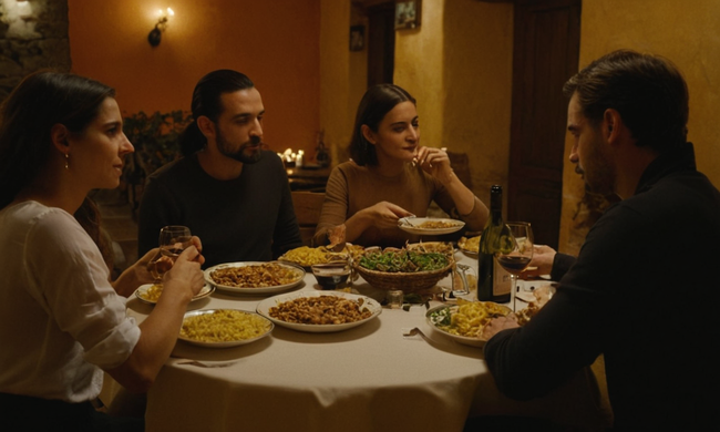Una escena cálida y acogedora con gente compartiendo y comiendo pestiños, con un toque de cocina tradicional española.