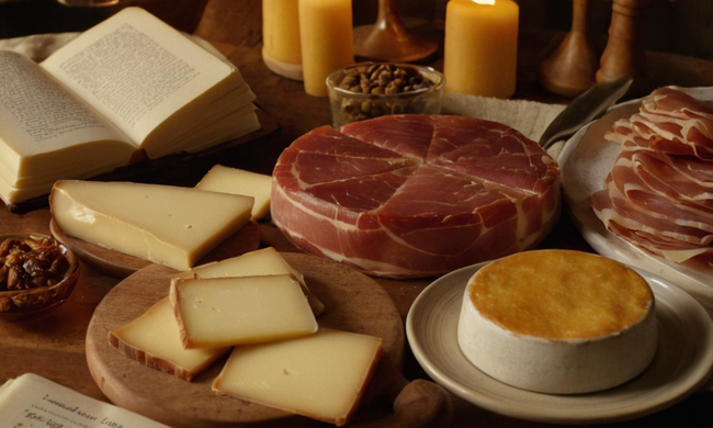 Un delicioso plato de queso español y jamón curado, rodeado de recetas y utensilios.