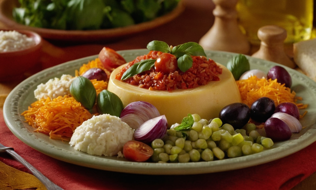 Un plato colorido lleno de varios ingredientes y adornos para la receta tradicional Pisto Manchego español.