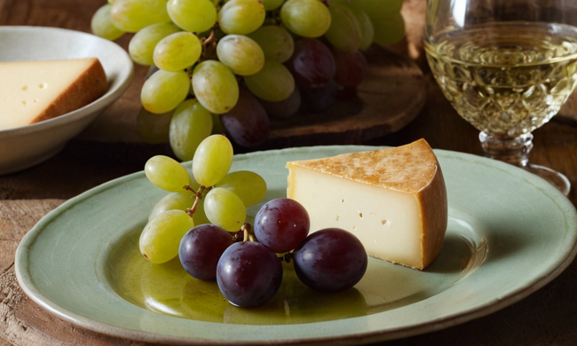 Un plato español tradicional lleno de maridaje (pairing) de queso Manchegan y uvas.